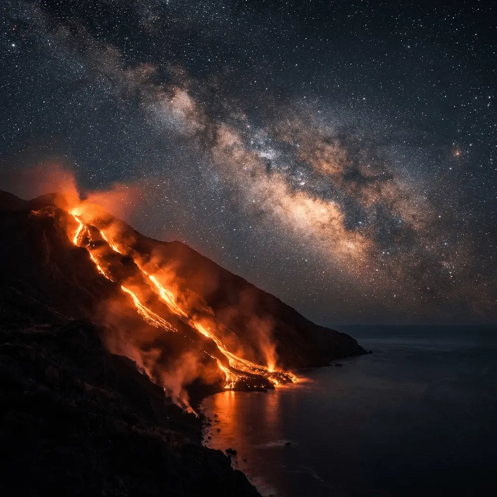 Stromboli volcano erupting at night with lava flowing to the sea Stromboli volcano erupting at night with lava flowing to the sea